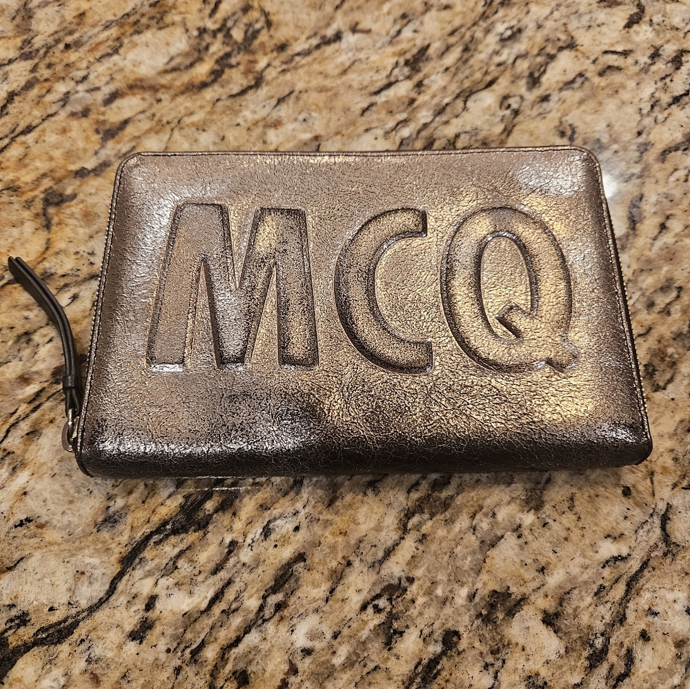 MCQ Alexander McQueen Metallic Cracked Leather Clutch / Wrist Wallet